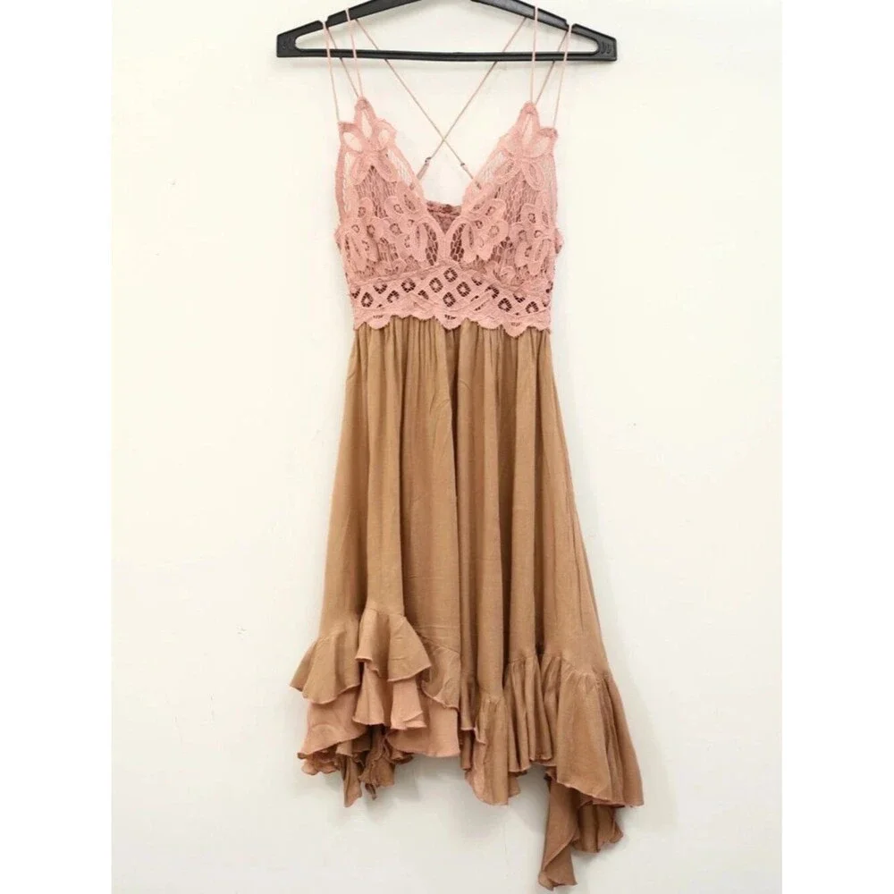 Free People FP One Adella Slip Mini Dress Crochet Lace Smocked Ruffle XXS 290357